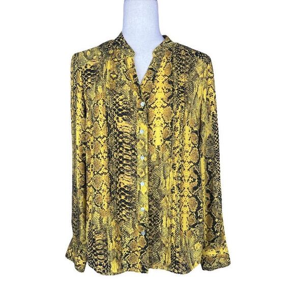 Snake Skin Print Blouse Button Down Mob Wife Yellow Gold Nanette Lepore - Picture 1 of 4